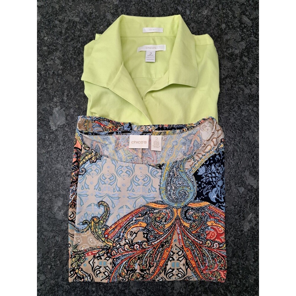 Chicos Size 2 (L/12) Lot of 2 Women's Tops Paisley Pullover & Green Button Up